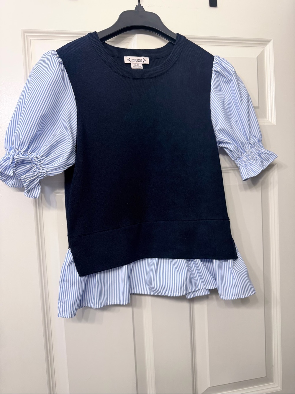 Nanette Lepore Navy Knit Layered Top with Light Blue Striped Puff Sleeves
